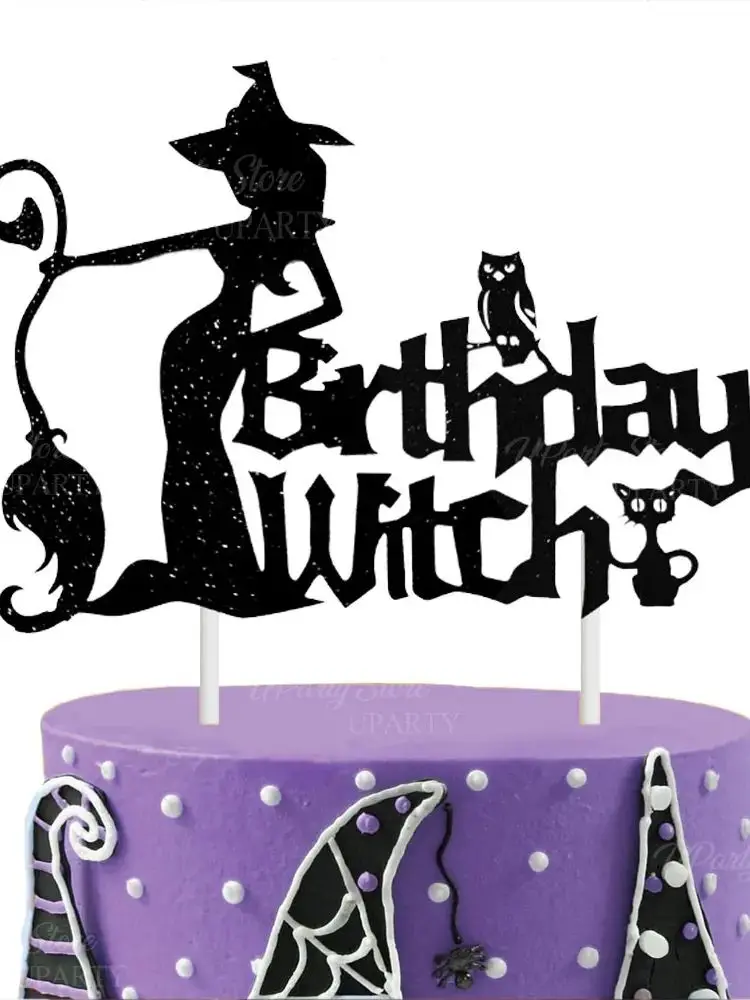Décoration de gâteau d'anniversaire de sorcière noire à paillettes, décorations de gâteau de joyeux anniversaire pour décoration de fête d'anniversaire sur le thème de la sorcière et d'halloween