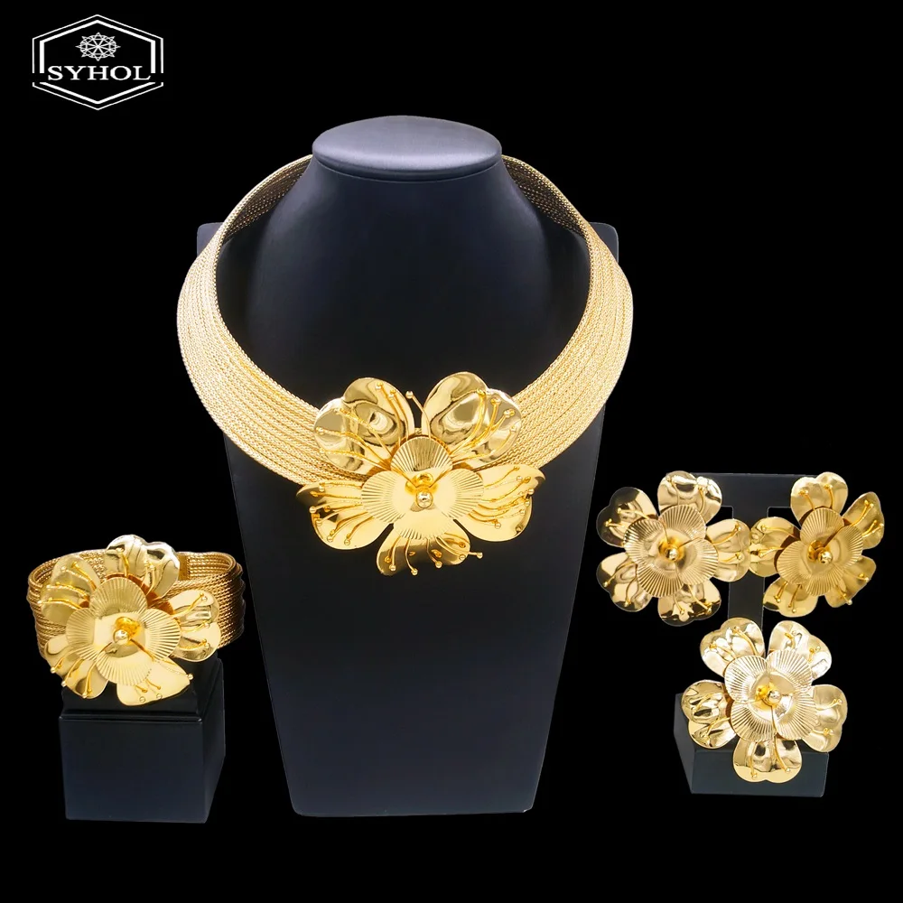 Women Luxury Jewelry Set Gold Plated Big Flower Necklace Bracelet Fashion Big Earrings Full Set Party Wedding Bijoux SYHOL