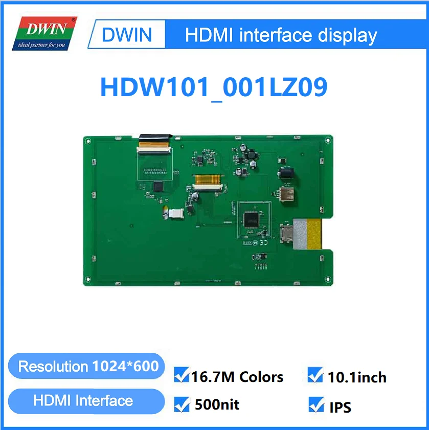 DWIN-HDMI Tela IPS capacitiva do painel de toque, suporta Windows, framboesa, Linux, Android, HDW101 _ 001L, 10.1 ", 200 500nit, 1024x600