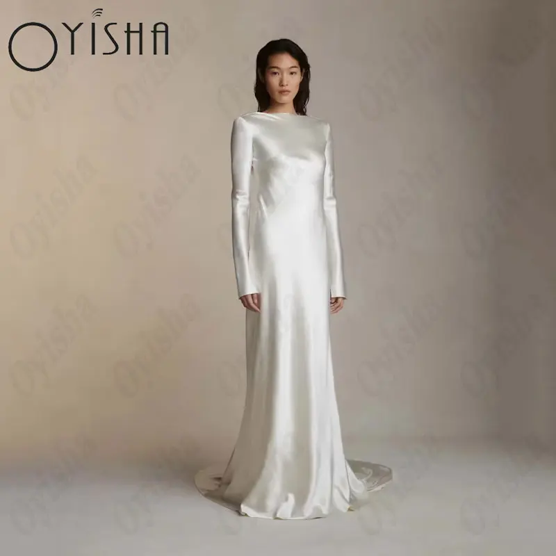 

OYISHA Mermaid O-Neck Wedding Dresses Exquisite Full Sleeves Satin Bridal Gowns Sexy Backless Elegant Luxury Vestido De Mariages