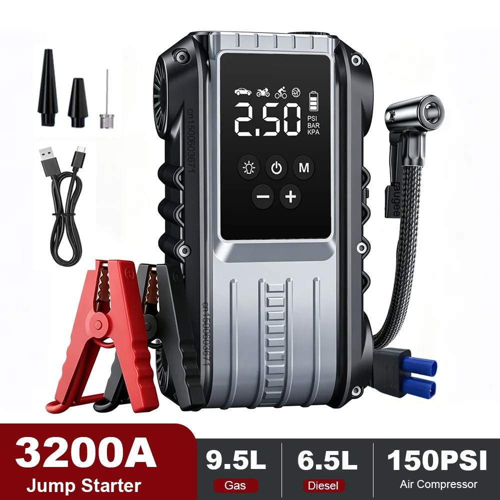 Auto-Starthilfe mit Luftkompressor, tragbarer Auto-Batterie-Starter 3200A, Auto-Batterie-Booster, 150PSI Luftpumpe, Reifenfüller, Powerbank