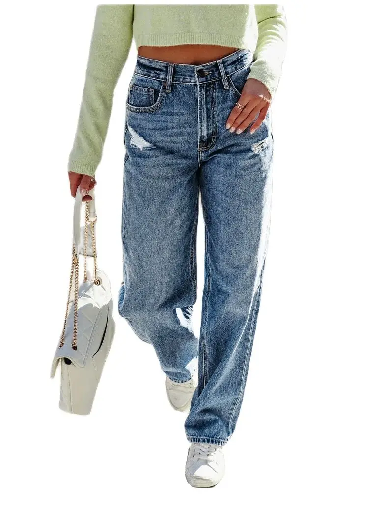 

Новинка 2023, женские джинсы стрейч с высокой посадкой, Модные свободные прямые джинсовые брюки со средней талией, повседневные женские брюки