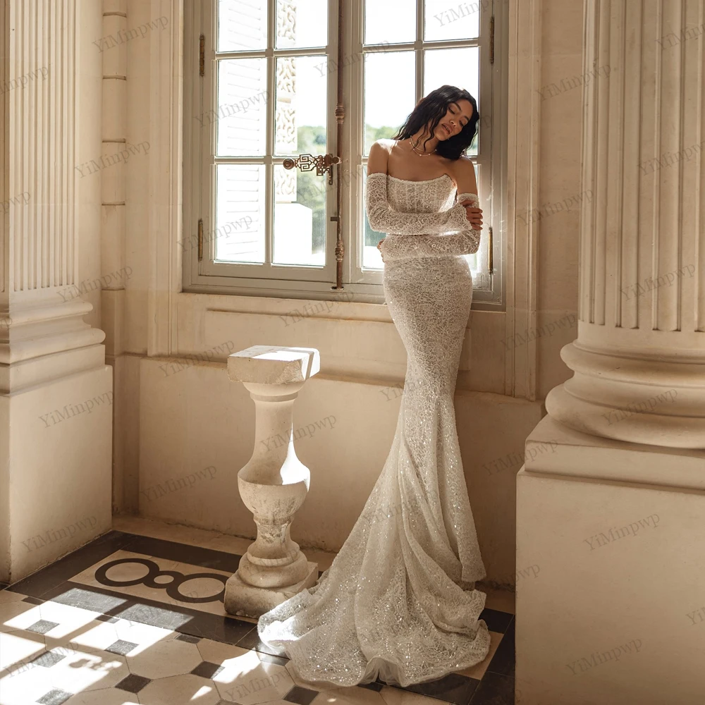 

Mermaid Beaded Weddings Dresses For Bride Applique Detachable Sleeve Strapless Luxury Bride Gowns Illusion Back Customized