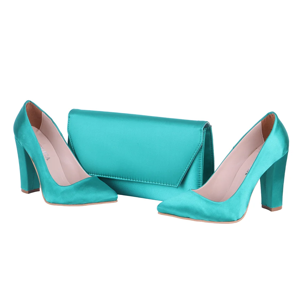 Green Satin Heels for Women Shoes and Bags to Match Set Thick Heels for Women 2023 Satin Bag for Handbags Big Size 34-45