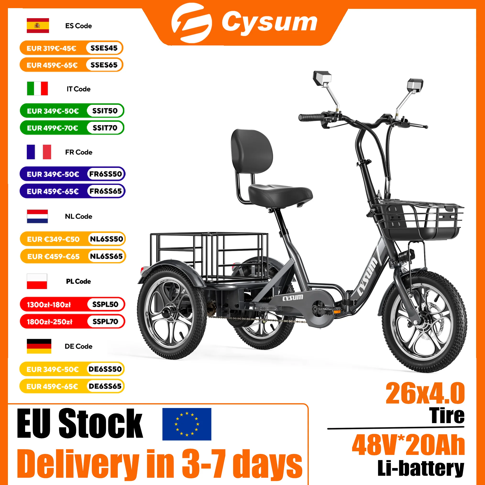 Tricycle électrique pliant CYSUM E-BIKE pour adultes 250W 48V * 22Ah Tricycle électrique extérieur