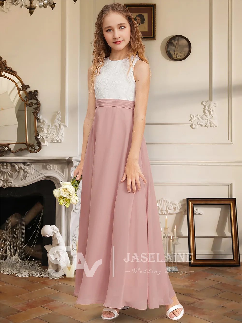 A Elegant A-Line Scoop Floor-Length Chiffon Lace Junior Bridesmaid Dress Flower Girl Dress With Lace Girls Party Formal Wedding