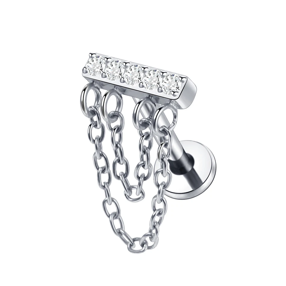 1 PC/5 Stuks Titanium Oorkraakbeen Oorbellen Interne Schroefdraad Piercings Verborgen Helix Stud CZ Drape Chain Flat Terug sieraden 16G - afbeelding 1