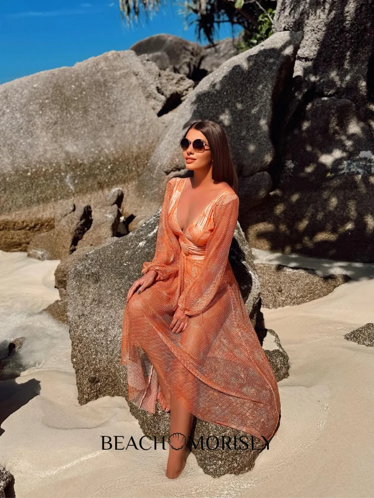 2024 New Fashion V Neck Shell Print Decoration Long Sleeve One Piece Swimsuit and Skirt  Summer Swimwear  Women  Beachwear Bathi