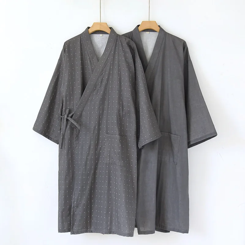 Gray Polko dot Printed Robe for Men Cotton Kimono Men's Bathrobe for Spring Autumn 100% Cotton Long Style Men Kimono Robe