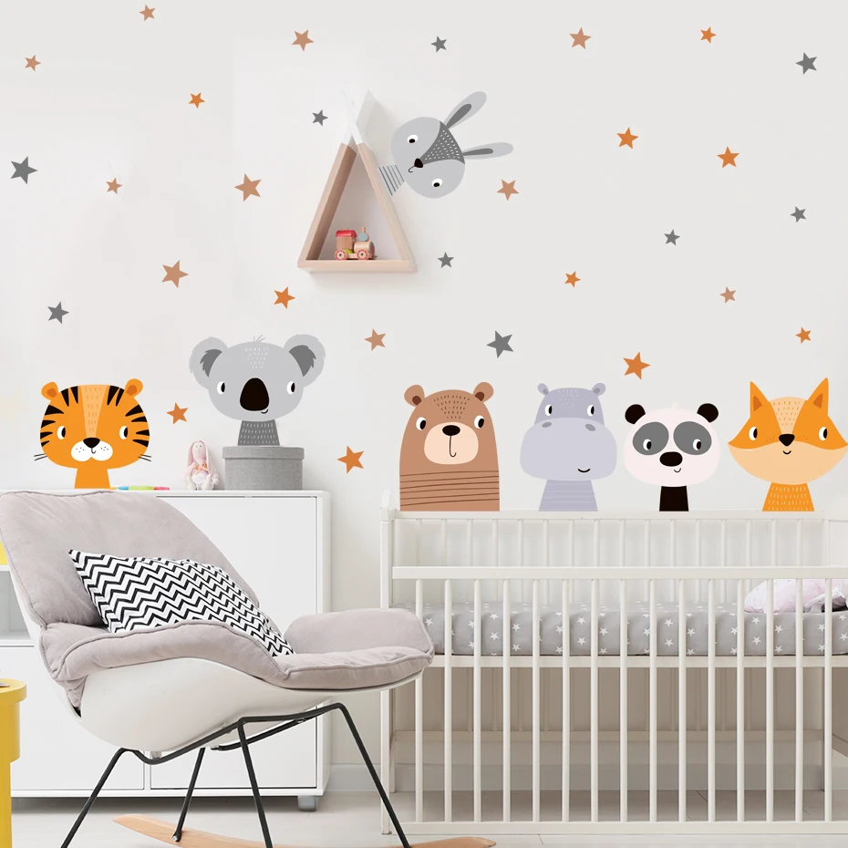 Cartoon Cute Raccoon Bear Wall Stickers Home Decor Animals Stars Wallpaper Kawaii Decals for Kids Room Baby Nursery Home Decor