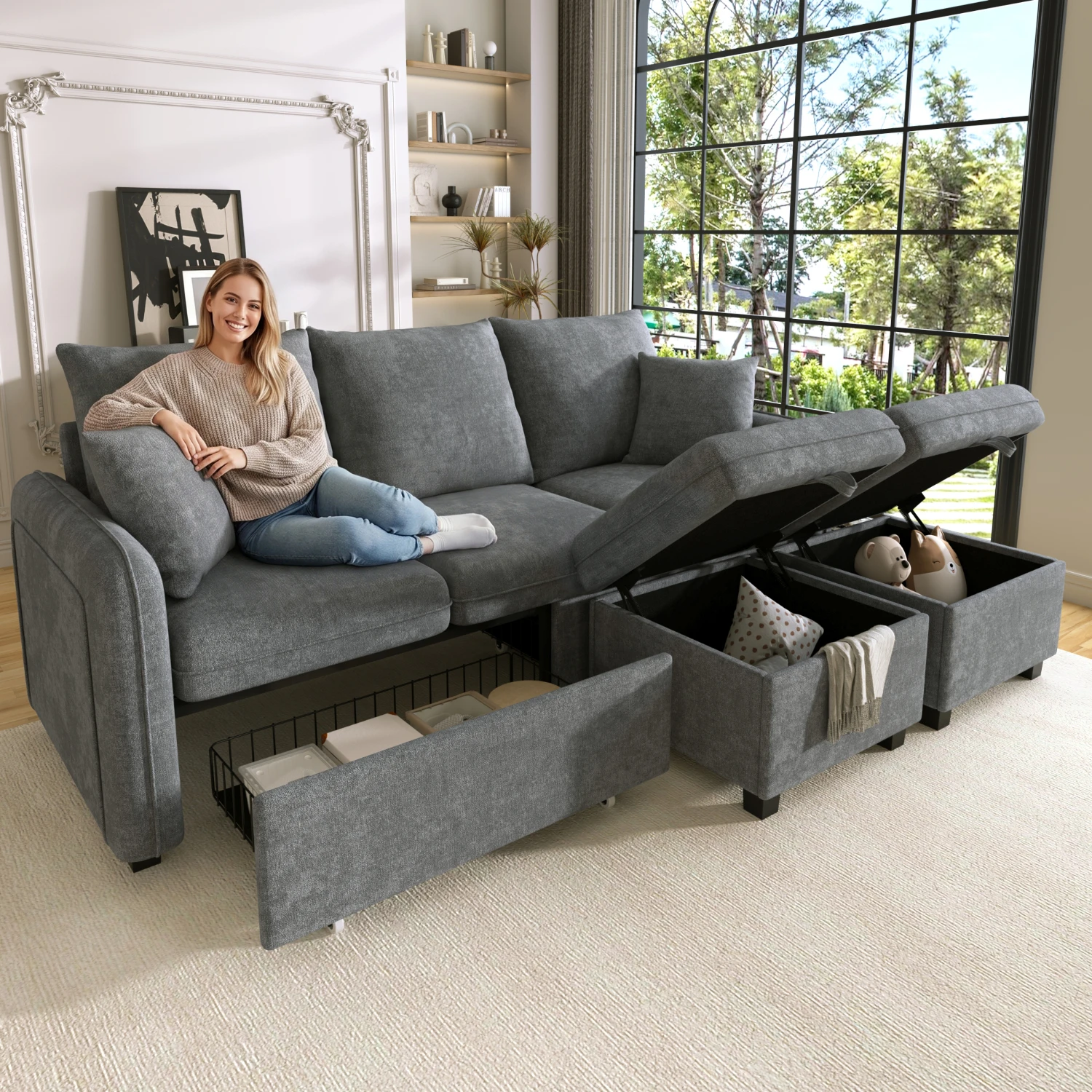 Canapé d'angle multifonctionnel, canapé trois places en forme de U avec rangement intégré (tiroirs inclus) et pouf avec compartiment de rangement, ensemble de canapés modulable convertible, revêtement en chenille