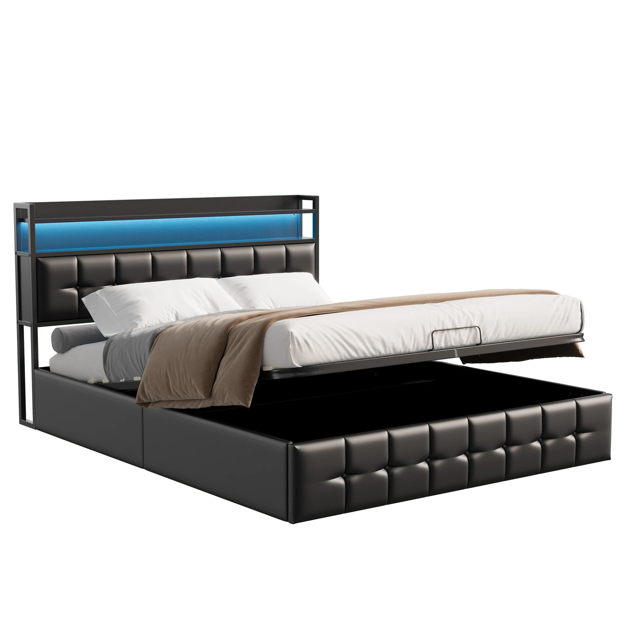 Rosahqnda kussenbed Gewatteerd hydraulisch bedframe Grijs Pu-linnen Hoofdeinde Linnen stof zonder matras - afbeelding 2