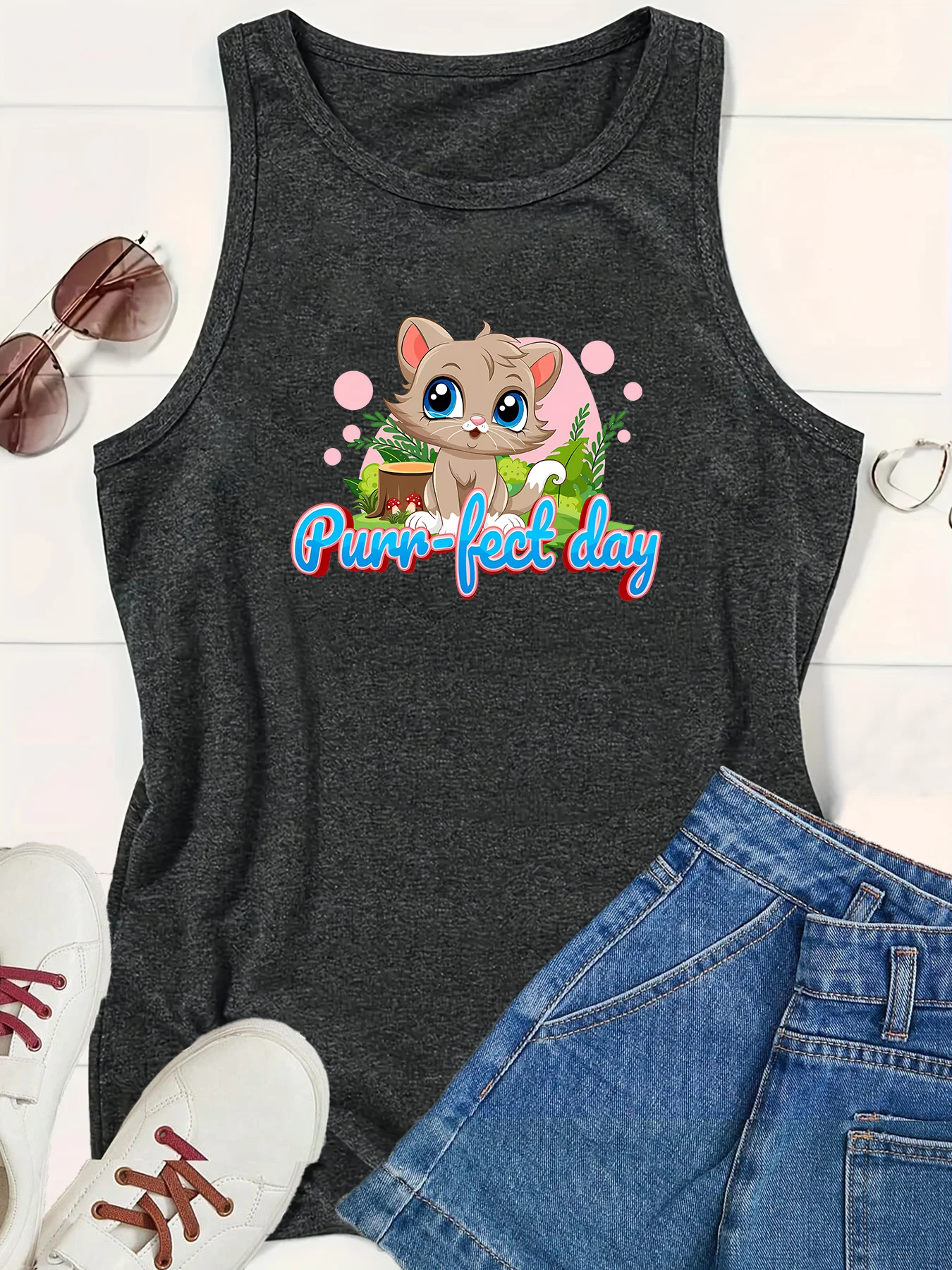 Peace Love Cats Fect Day Fashion Women's Safety Tank Top Loose O Neck Sleeveless Casual Women's Tank Top