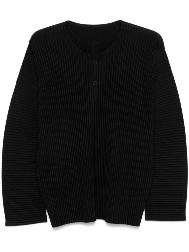 Miyake Pleated Men's Henley Neck T-Shirt Long Sleeve Casual Top Minimalist Fashion