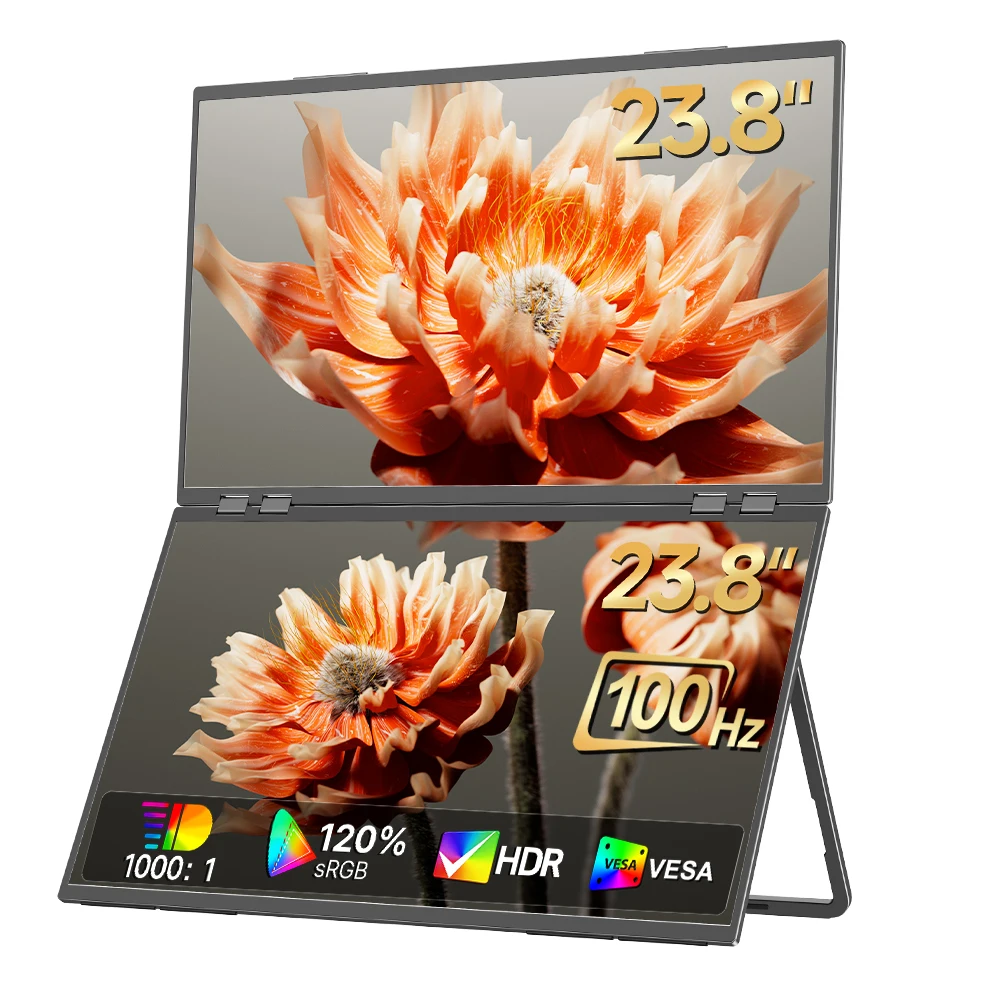 UPERFECT 23,8-Zoll 100 Hz Dual-Monitor (tragbar), 120 % sRGB, 1080p HDR, 360° faltbar, vertikal stapelbar, Triple-Bildschirm-Erweiterung (USB-C/HDMI) für Laptop, PC, Mac, Smartphone, PS5, Xbox und