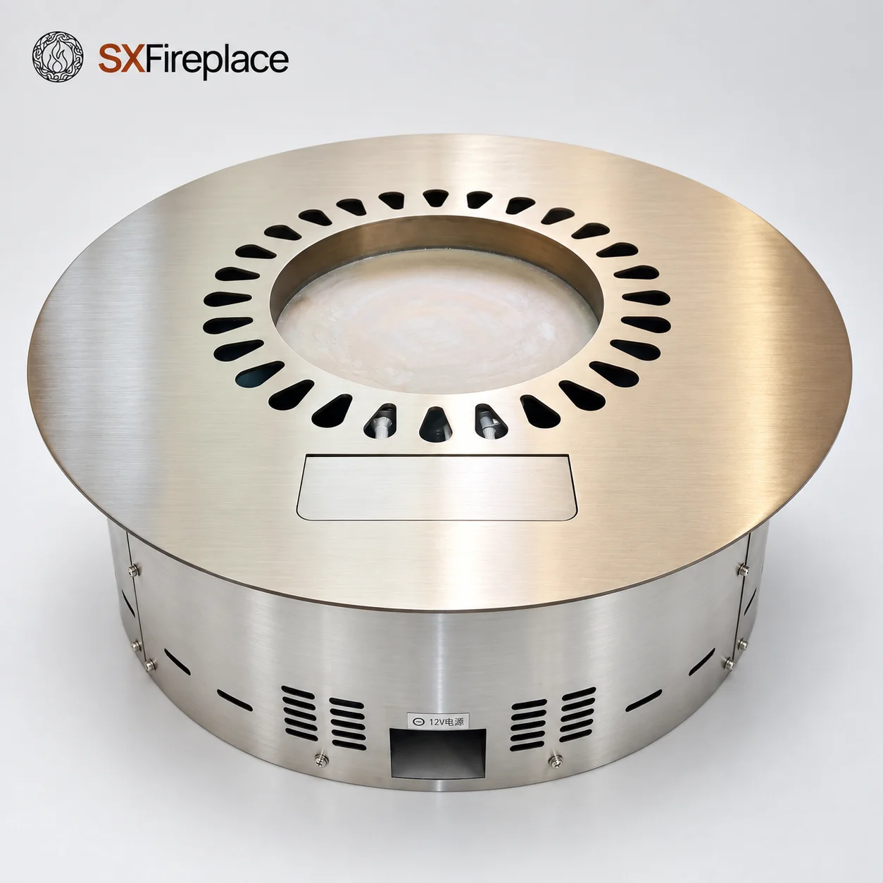 SXFireplace Round Smart Bioethanol Fireplace Insert with Remote Control and Brushed Stainless Steel Finish