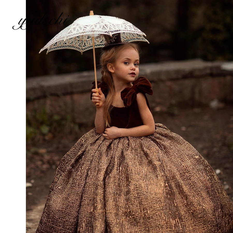 

Suede Splicing Ball Gown Flower Girl Dress Exquisite Party Kids Birthday Sleeveless Floor Length Bow Princess Evening Dresses