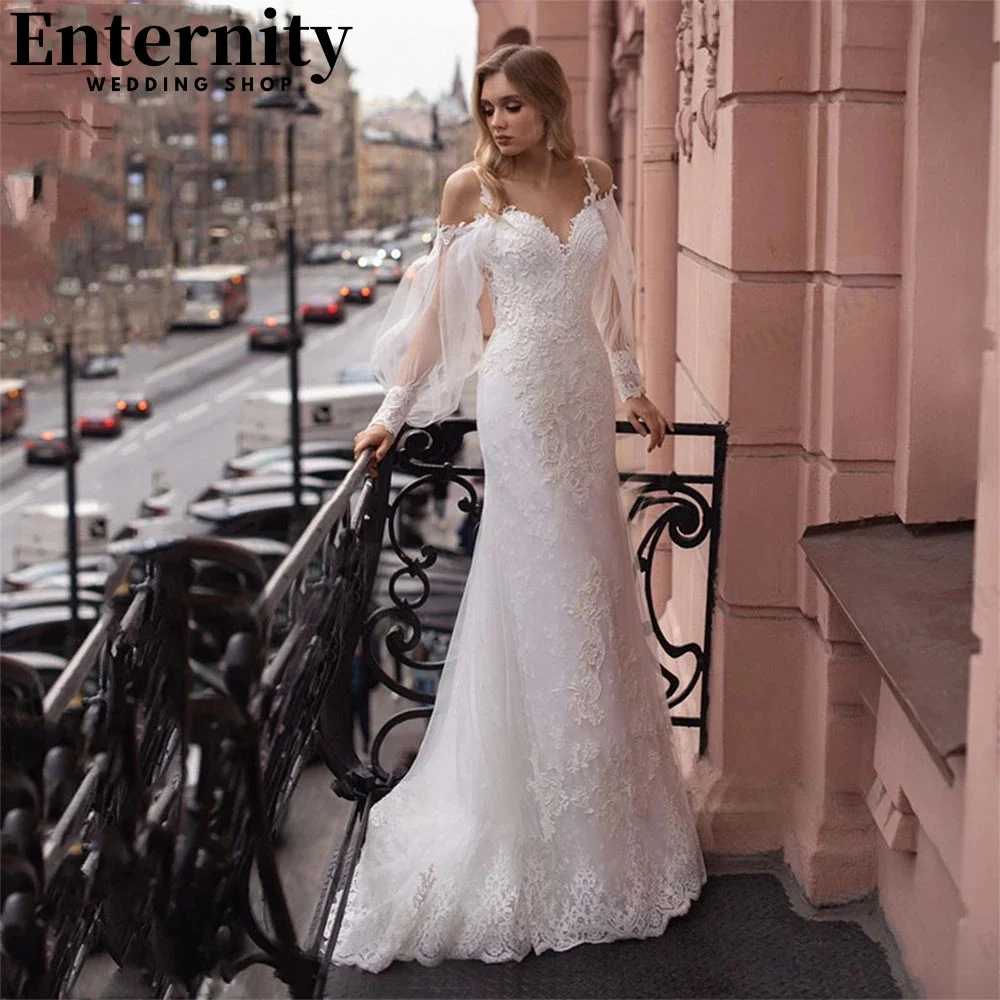 

Exquisite Backless Off The Shoulder Wedding Dress Lace Appliques Mermaid Sweetheart Puffy Long Sleeves Bridal Gown Vestidos