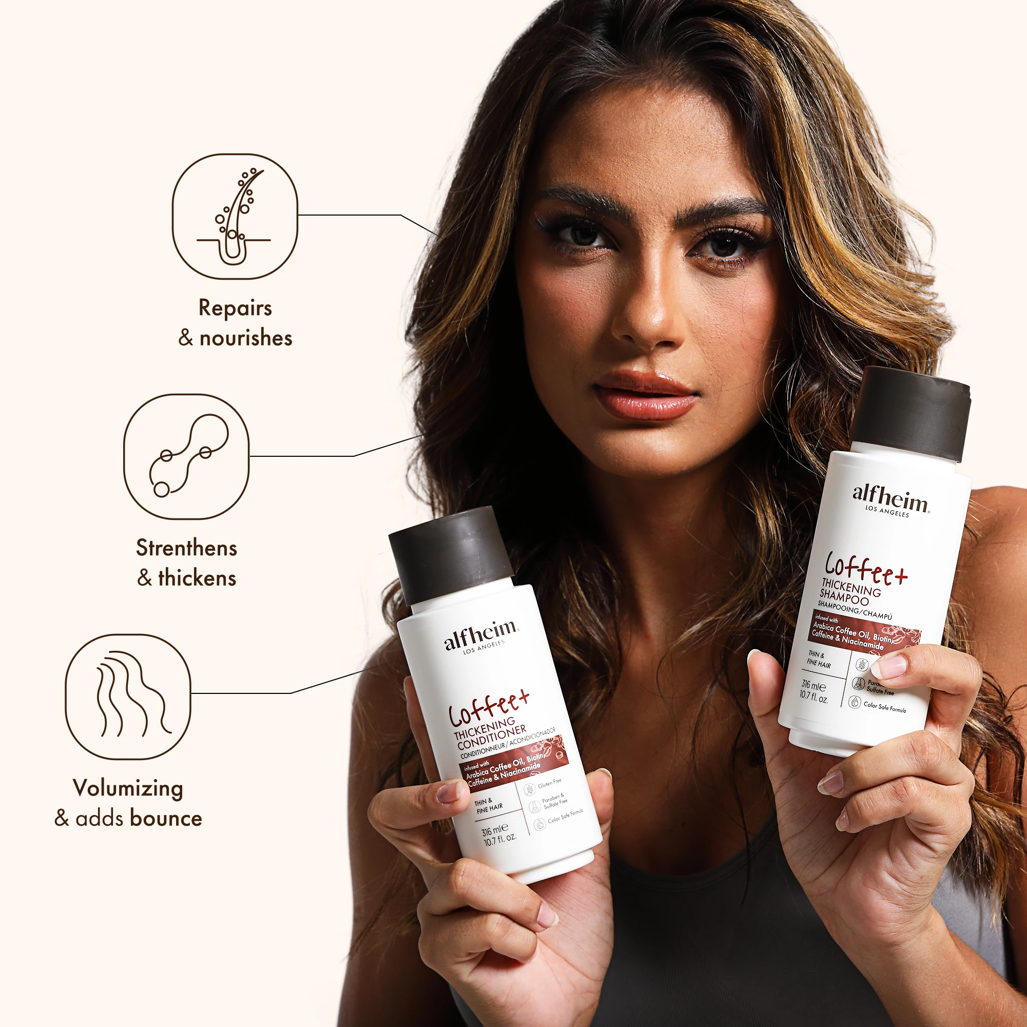 Café + champú y acondicionador espesante-fortalece, aporta volumen, rebote y brillo, hidrata y voluminiza el cabello fino