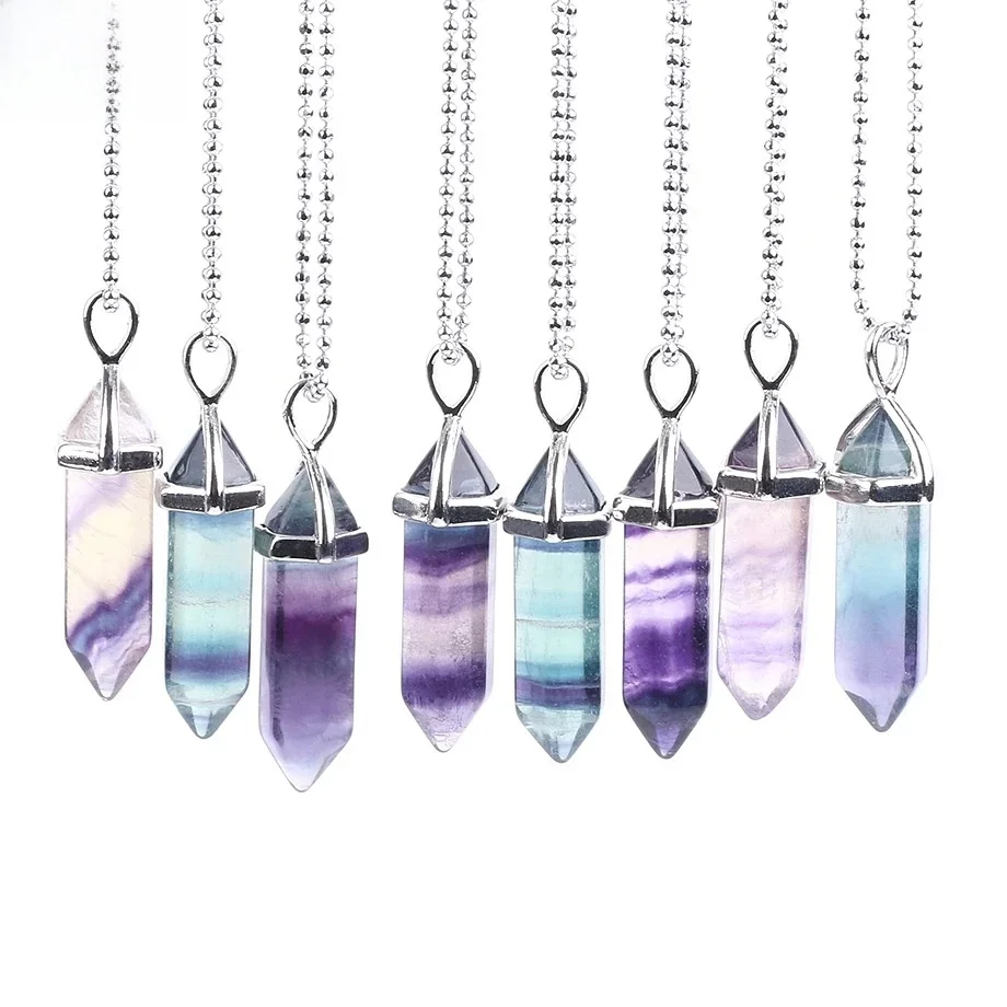 CSJA Fluorite Crystals Necklaces Pendants Suspension Quartz Natural Gem Stone Necklace for Women Hexagonal Reiki Healing G954