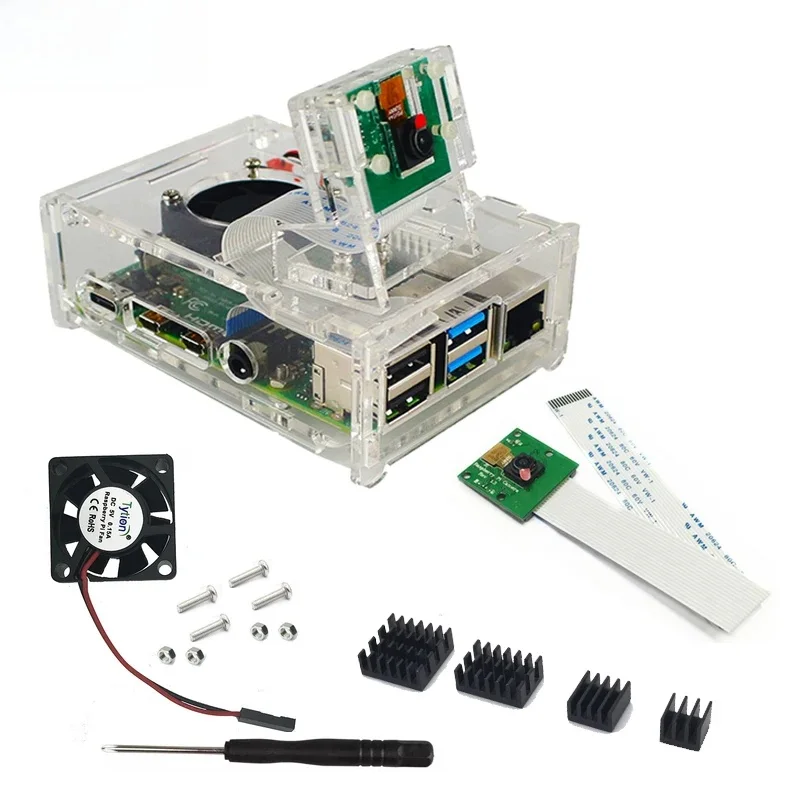 Obudowa Raspberry Pi 4 B obsługująca instalację kamery z radiatorem + uchwyt na obudowę kamery + wentylator chłodzący + obudowa akrylowa + kamera — zdjęcie produktu 7