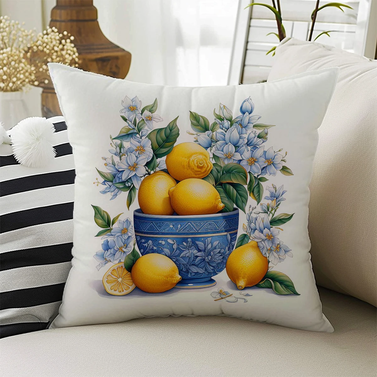 Yellow Lemons on Blue Vase Double Side Print Pattern Cushion Cover Home Decoration Living Room Sofa Chair Pillow Cover