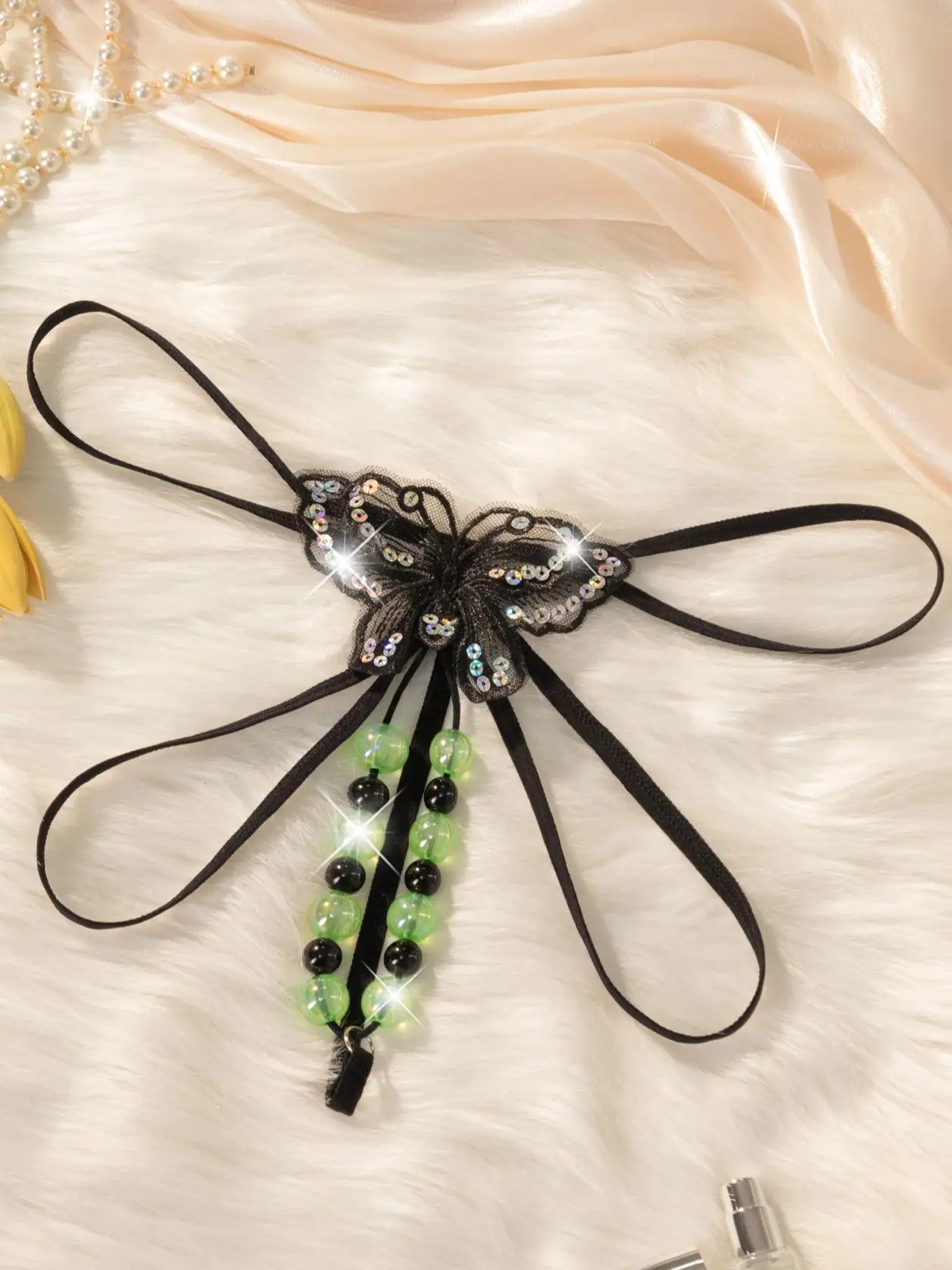 

One Piece Exotic G-string for Women, Light in Night Sexy Hollow Semi-sheer Pearl Butterfly Pattern G-string, Hot Underwear