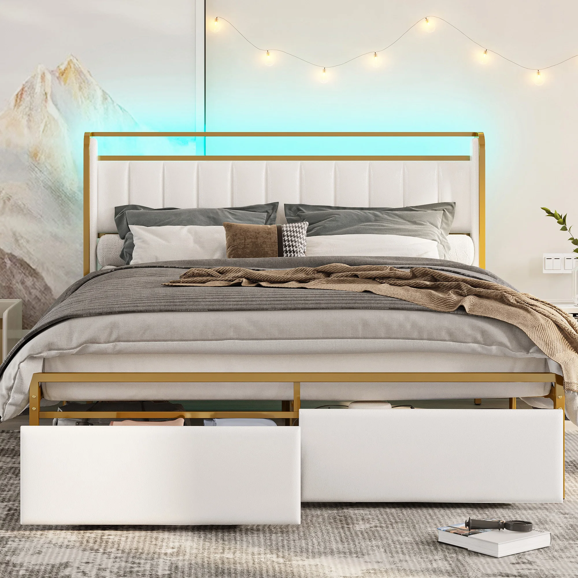 LIKIMIO King Bed Frame with Armrests Headboard & RGB Light, Modern Upholstered Bed Platform with Drawers