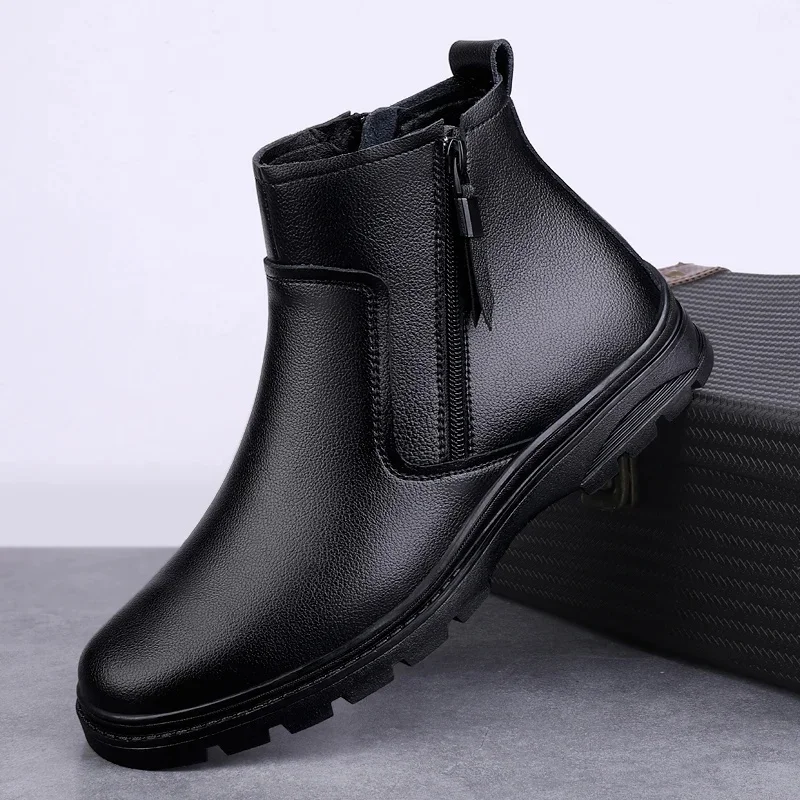 Wysokiej klasy markowe męskie buty na co dzień z prawdziwej skóry Praca w biurze Buty biznesowe Zimowe męskie botki Gruba podeszwa Odporna na zużycie — zdjęcie 2