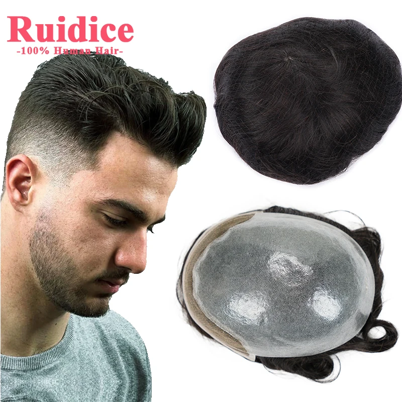 

Real European Human Hair Men Toupee Wig Fine Mono Toupee For Men Natural Hairline Hairpieces PU System Men Replacement System