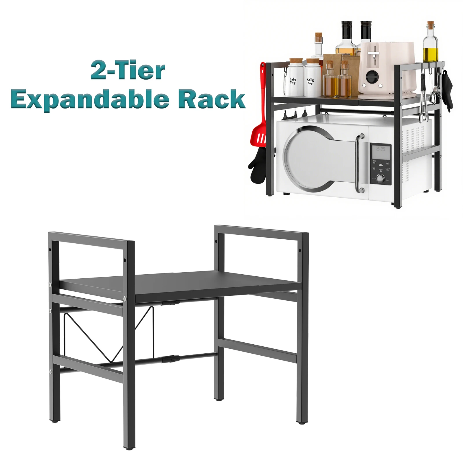 Verstellbares Mikrowellenregal mit 2 Ebenen, erweiterbares Küchenregal mit 6 Haken – Kohlenstoffstahl, rostfrei, 25 kg Tragkraft – zum Backen, für Kaffeemaschine