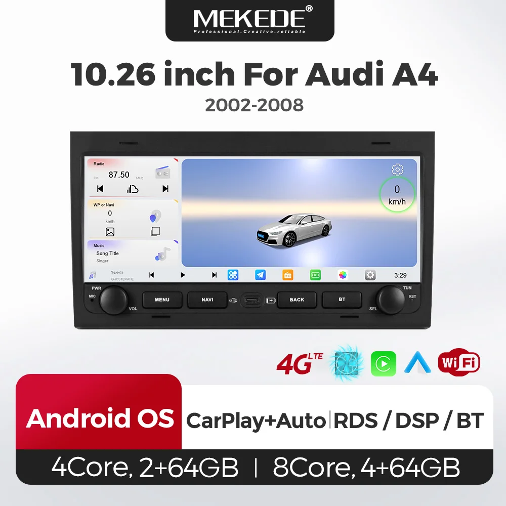 MEKEDE 2Din 10,26 Zoll Android 15 4+64GB Autoradio für Audi A4 B8 B7 B6 S4 RS4 2000-2009 SEAT Exeo 4G WLAN BT DSP RDS Kabelloses CarPlay Android Auto GPS-Navigation Autoradio