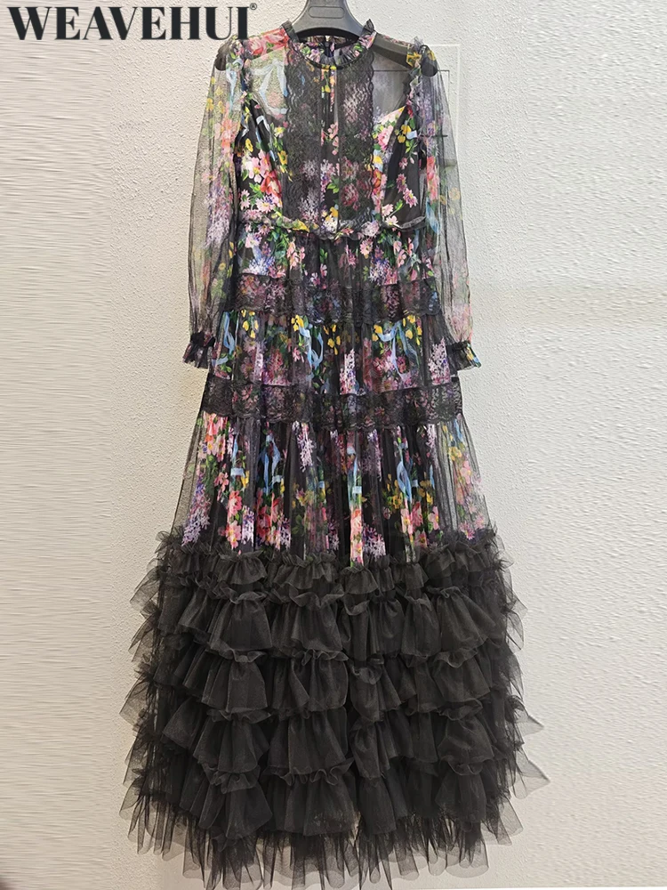 WEAVEHUI Damen-Maxikleider mit O-Ausschnitt, Laternenärmeln, bedruckt, durchsichtig, für Frühling und Sommer, neues Modell, Vintage-Stil