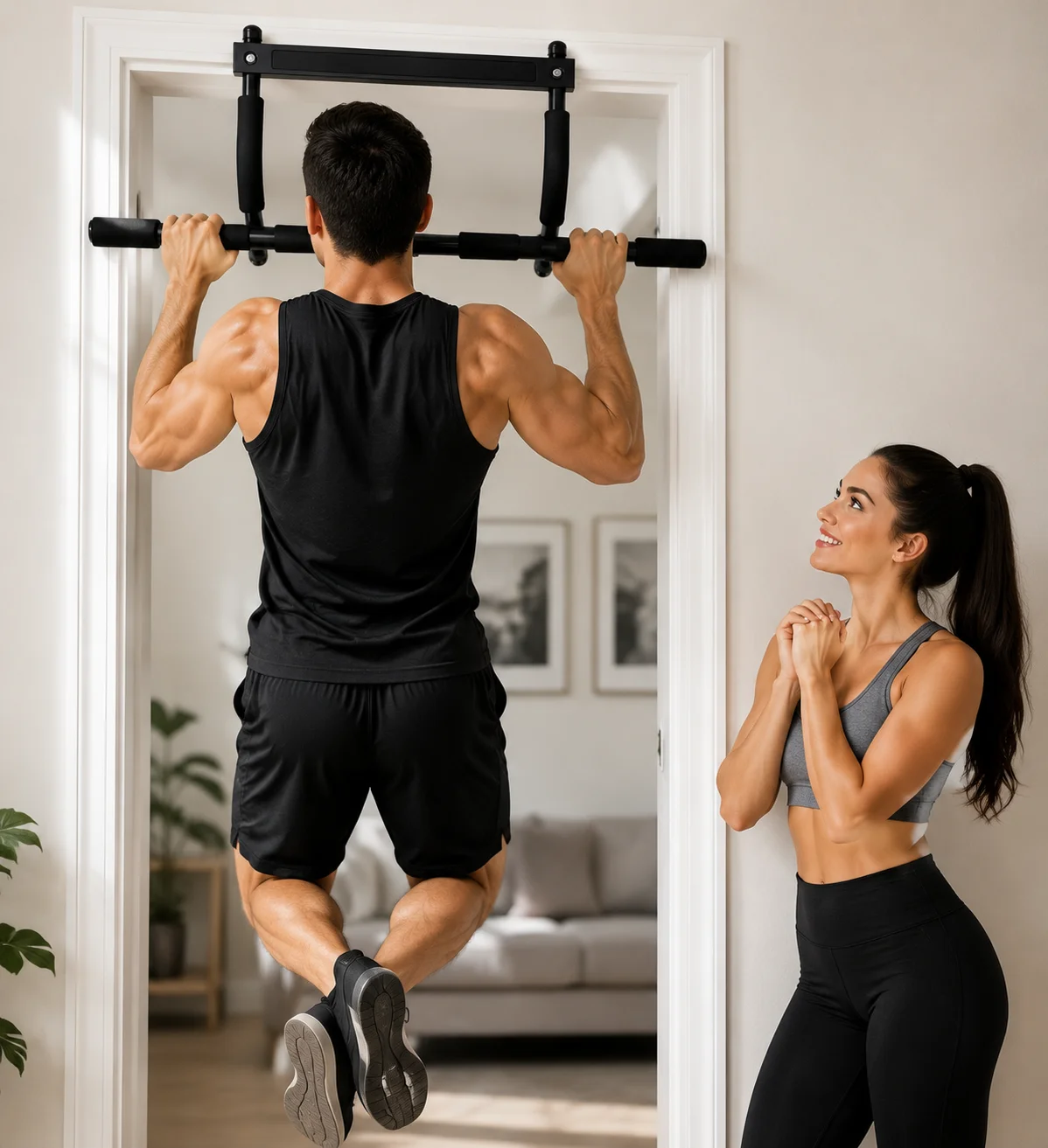 Adjustable Doorway Pull Up Bar with Push Up Bars Set, Door Frame Chin Up Bar Multi-Grip Pushup Stands, Home Fitness Equipment for Upper Body Strength Training Workout