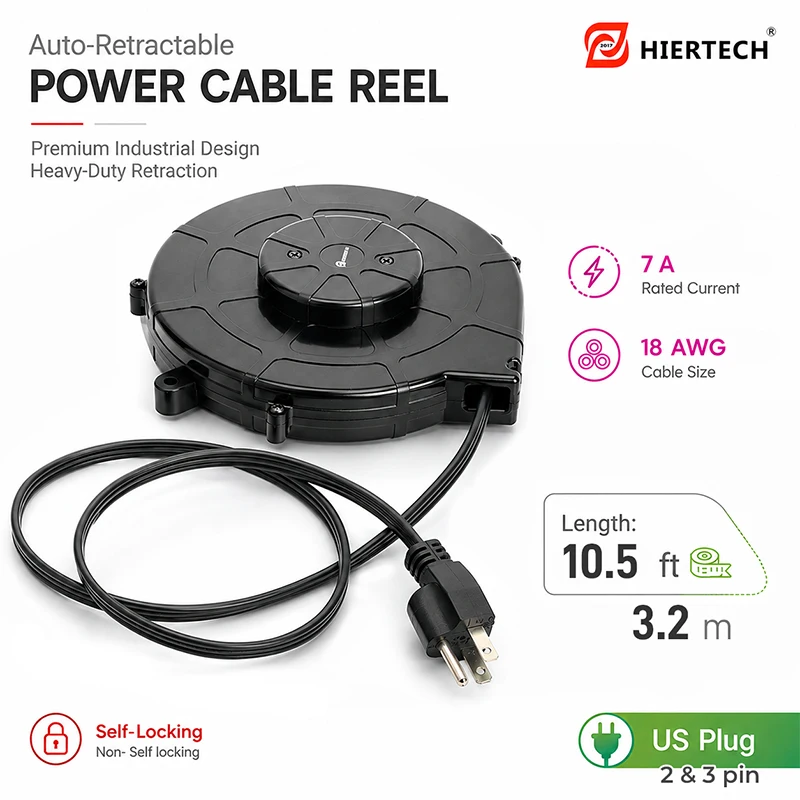 Auto Retractable Power Cord Reel JM.801, USA Plug, Self Lock & Auto Rewind, 3Core18AWG, 3m, Mounting Option Power Extension Cord