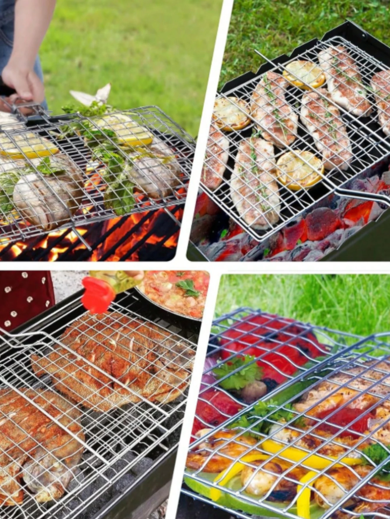 Zusammenklappbarer Grill aus verzinktem Stahl mit Griffen, 21 x 21 cm großes quadratisches Gitter, mit Stift zum Schließen des Grills, ideal für Fisch, Spieße, Huhn, Fleisch, Holzkohle oder geräuchertes Gemüse