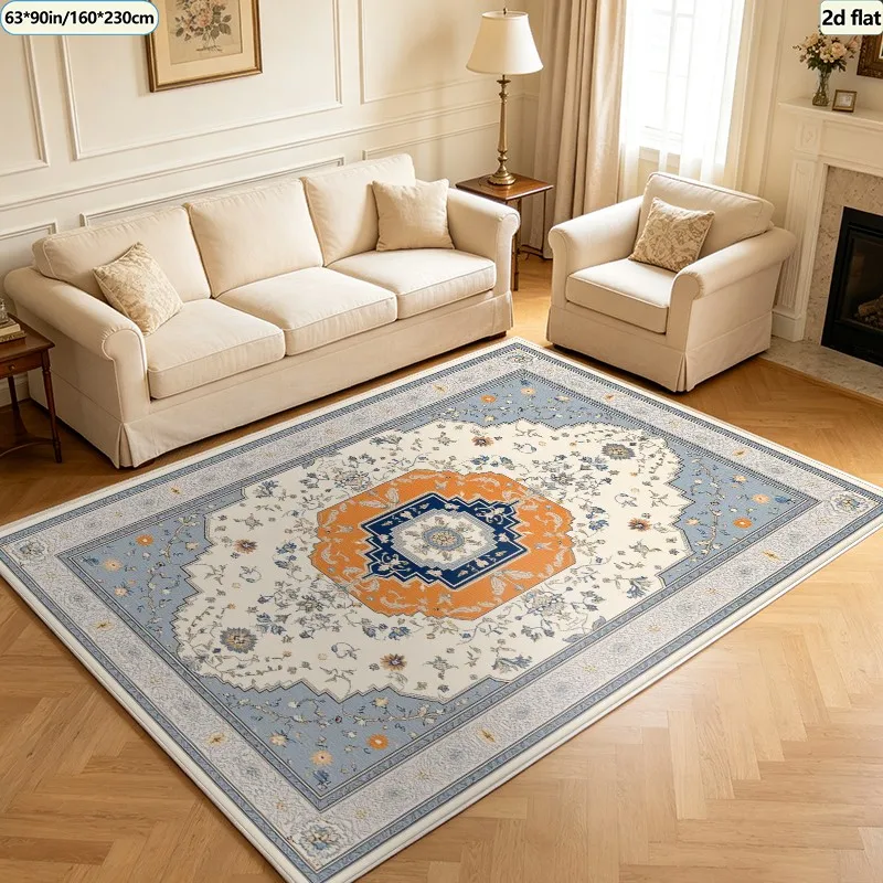 Classic Vintage Persian Medal Carpet, Blue and Cream Ethnic Style Rug, Suitable for Living Room, Bedroom, Home Art Decoration