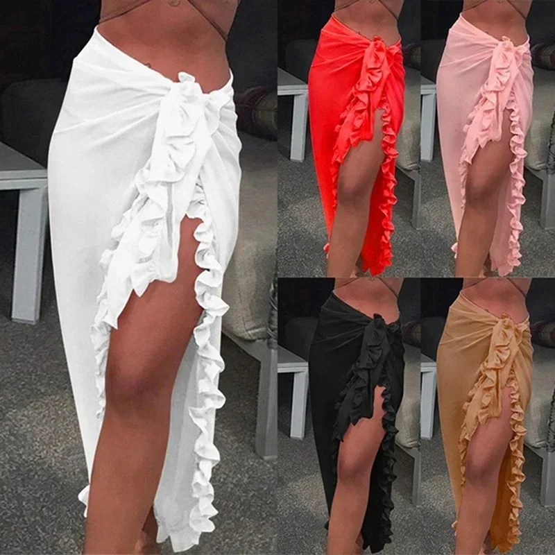 Damska szyfonowa przezroczysta osłona do bikini na plażę szalik stroje kąpielowe Pareo Sarong sukienka solidna wzburzona codzienna sukienka plażowa — zdjęcie 2