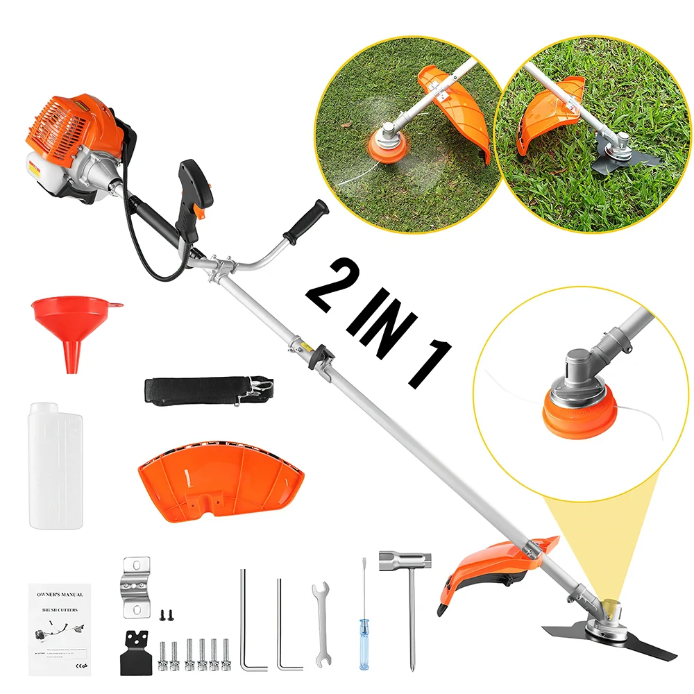 Débroussailleuse à essence 2-en-1 52cc, coupe-herbe puissant 2 temps avec lame et fil pour désherbage de jardin