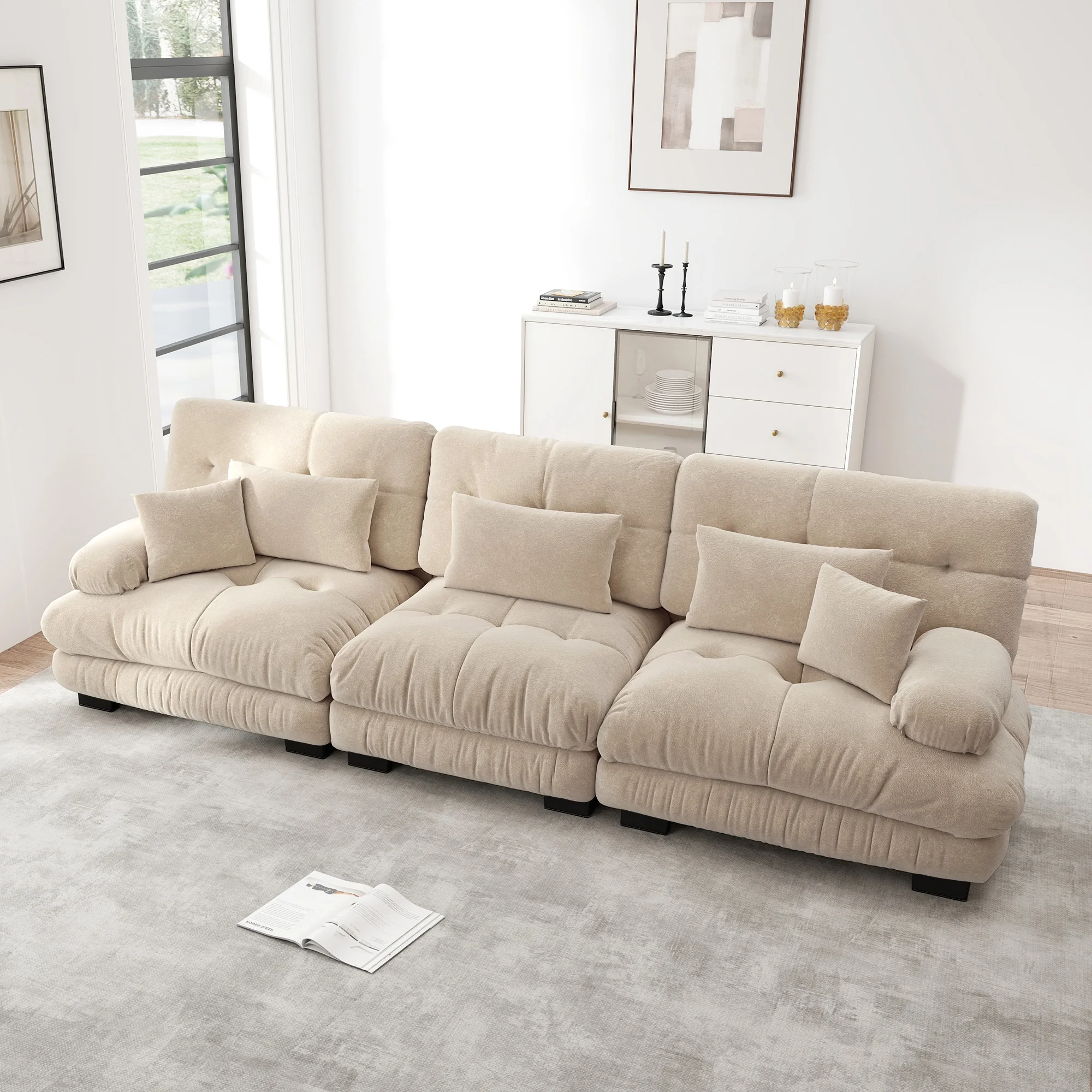 Sofá esquinero modular de 3 plazas, asiento profundo, cojines de soporte, estructura flexible, para salón/oficina, chenilla café claro
