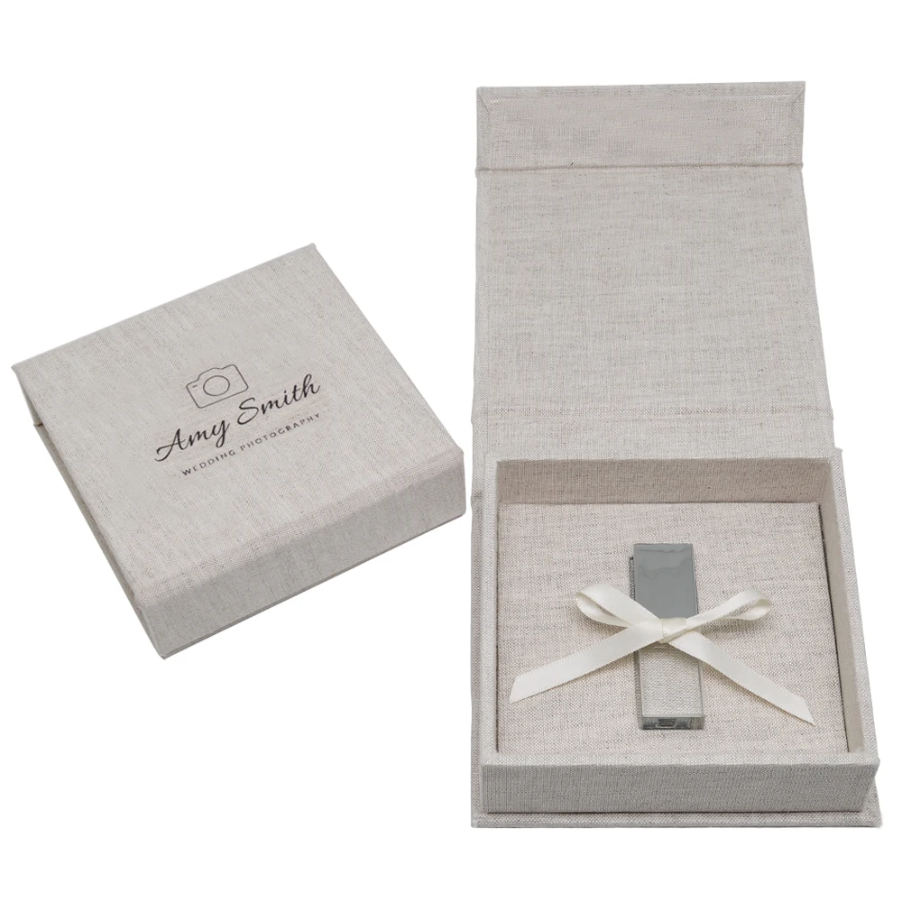 

Custom CREAM Linen USB Box Ribbons Flash Drive Packaging Photographer Gifts for Clients