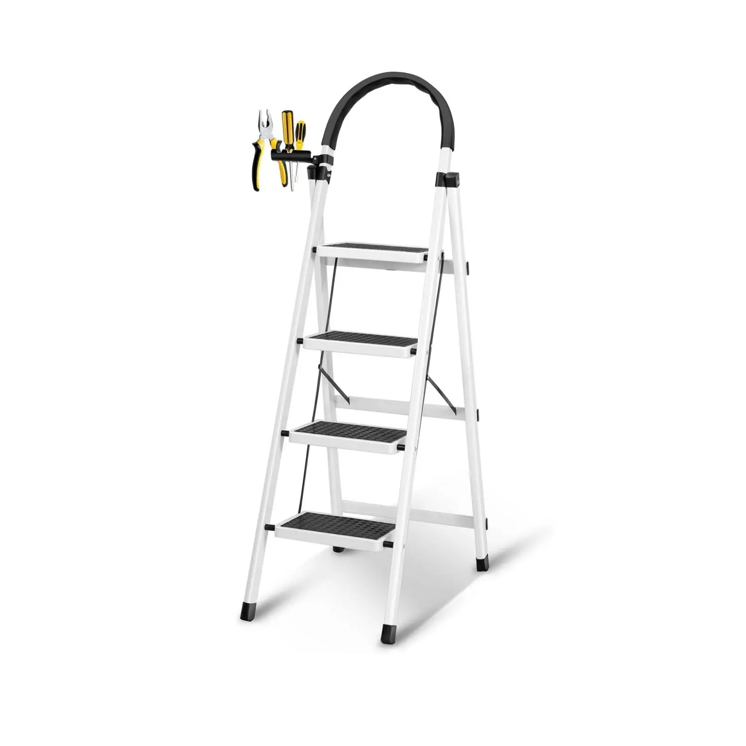 Foldable Ladder 4 Steps, Home Ladder Folding Step Stool Wide Anti-Slip Pedal, Adults Folding Sturdy Steel Ladder