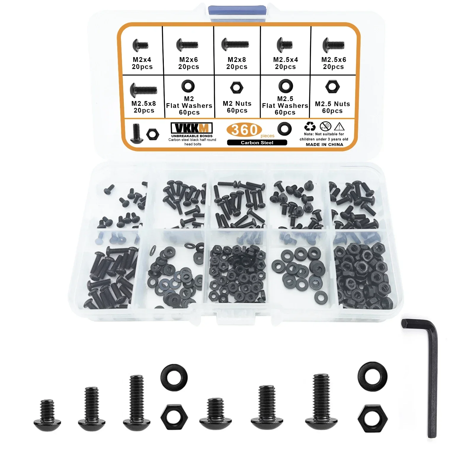 VKKM 360Pcs M2 M2.5 Button Head Hex Socket Screws Assortment Kit, Carbon Steel Pan Head Bolts with M2/M2.5 Nuts & Flat Washers for RC Drone, Electronic Equipment DIY Assembly