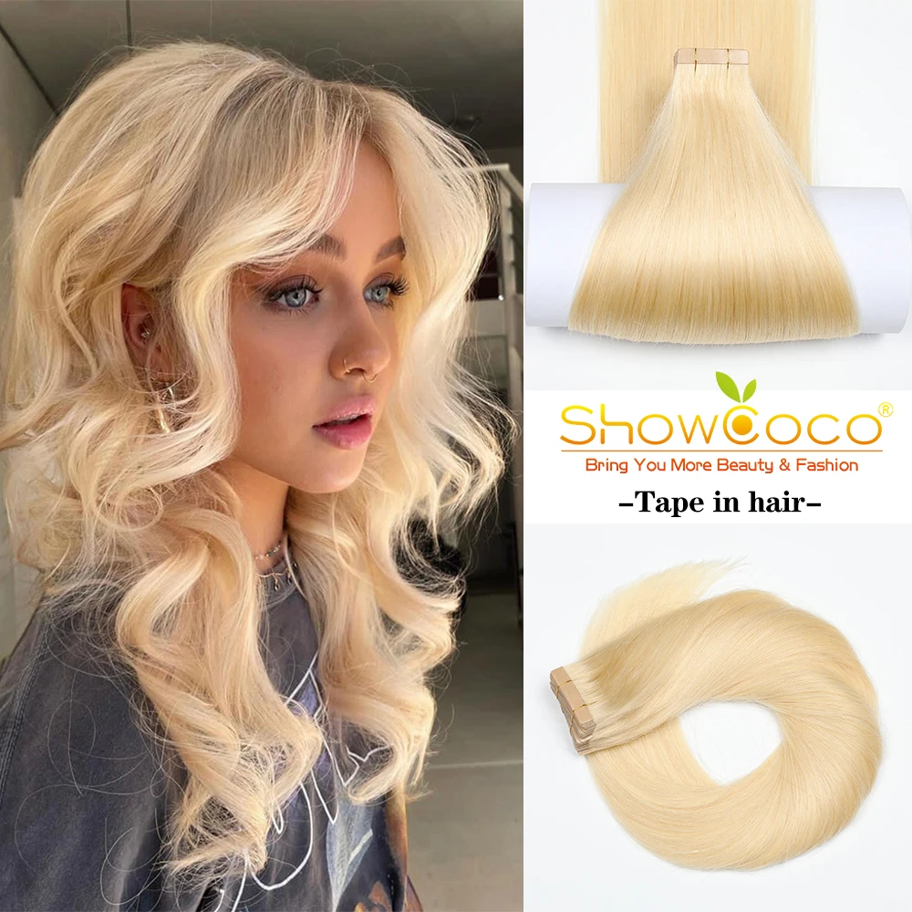 ShowCoco Double Drawn Tape in Hair Extensions Human Hair Straight 100% European Natural Seamless Skin Weft 14