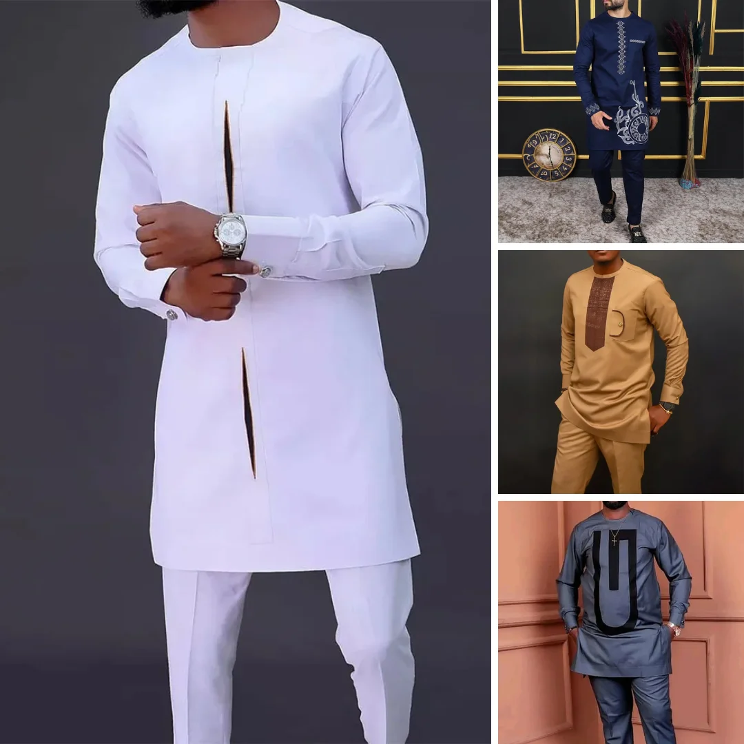 Men Dashiki Long Clothes Shirt White Trouser Set Mens 2 Pieces Outfit Suit Traditional Male Clothes T-shirt Pant Suits For Men