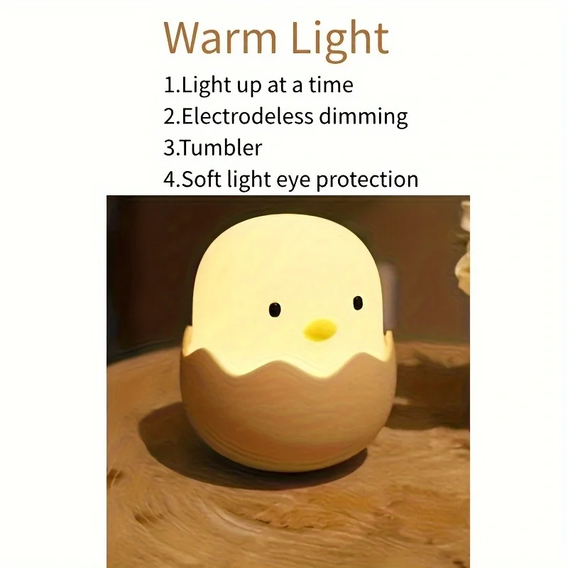 Linda luz nocturna para niños, lámpara de pollo Kawaii para decoración de dormitorio, lámpara bonita de silicona para niñas, lámpara blanda recargable