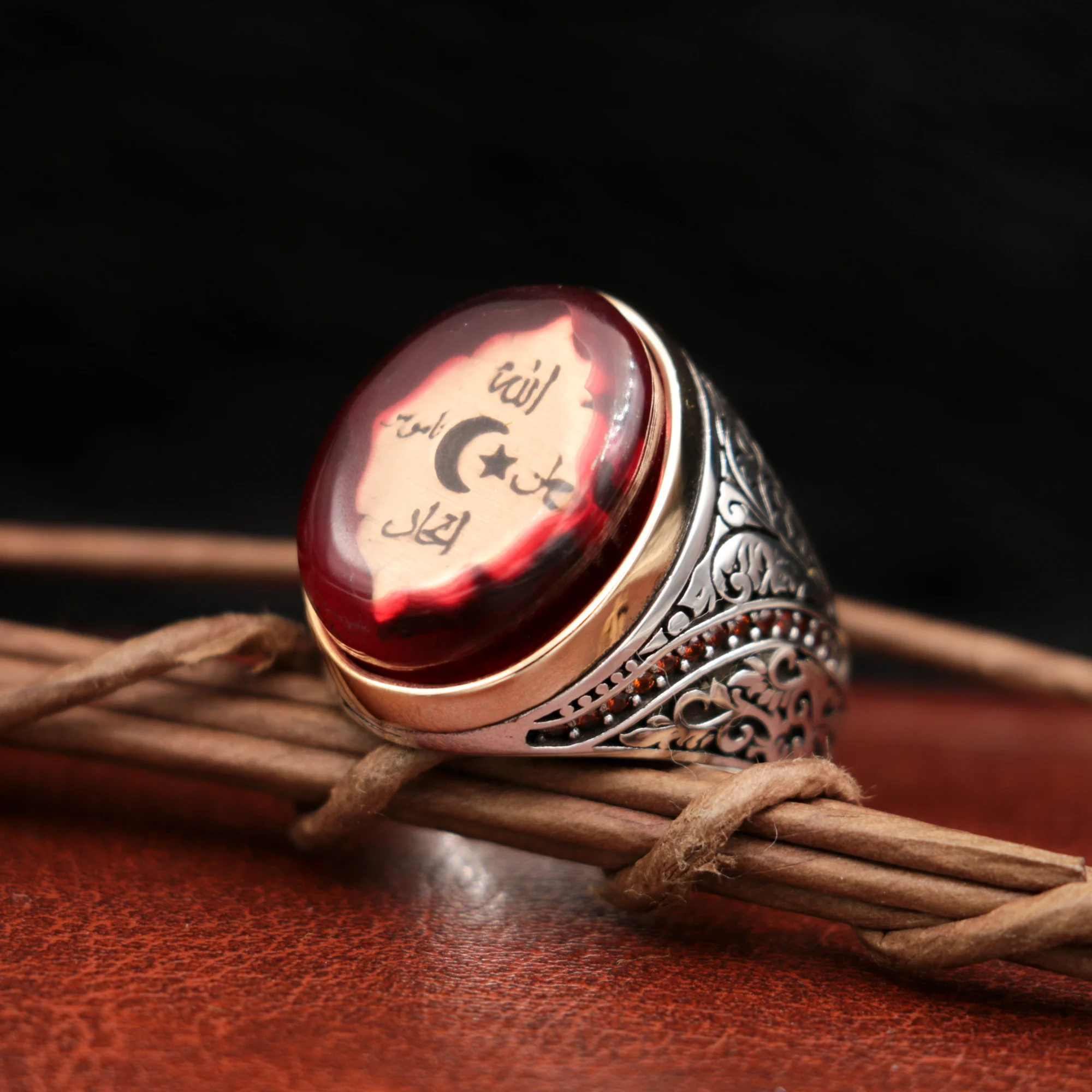 

925 Silver Men Ring, Ottoman/Turkish Historical Flag Allah, Vatan, Ittihad and Namus, Islamic Turkish Men's Jewelry