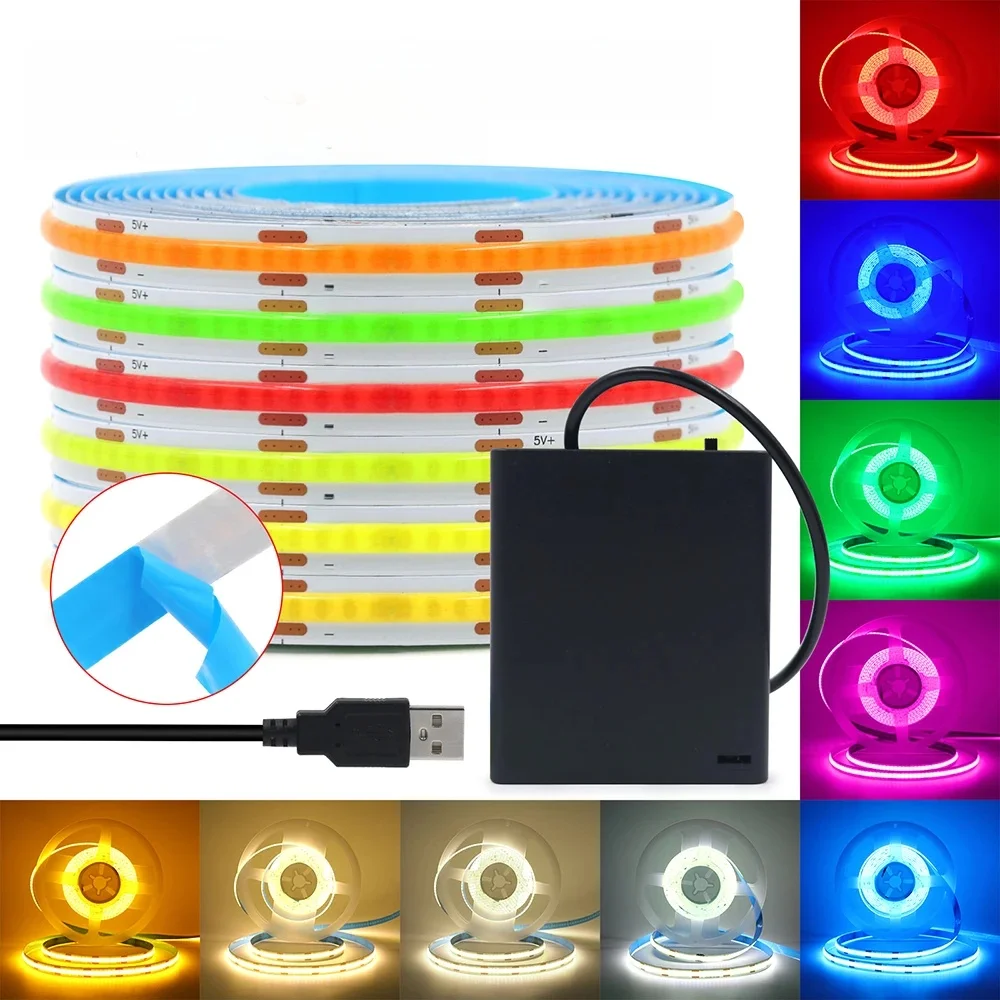 5V USB 3mm 5mm PCB COB LED bande lumineuse batterie avec interrupteur DC 8mm blanc rouge jaune 320 LED s bande adhésive Flexible lampe
