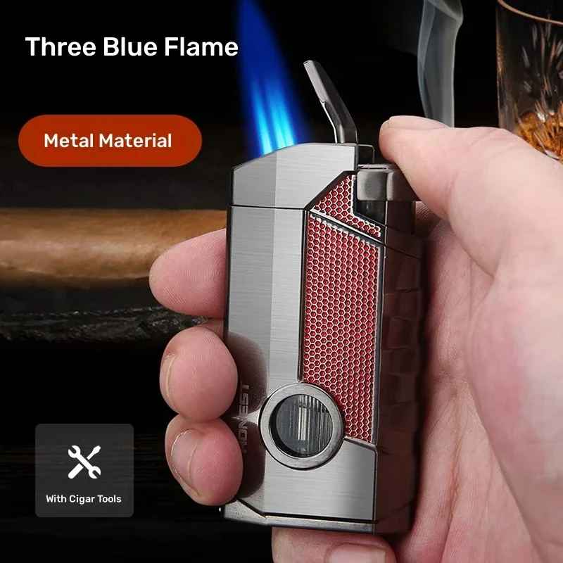 

Honest Windproof Three Fire Direct Blue Flame Lighter Inflatable Gas Lighter with Cigar Tool High-end Business Men's Gift