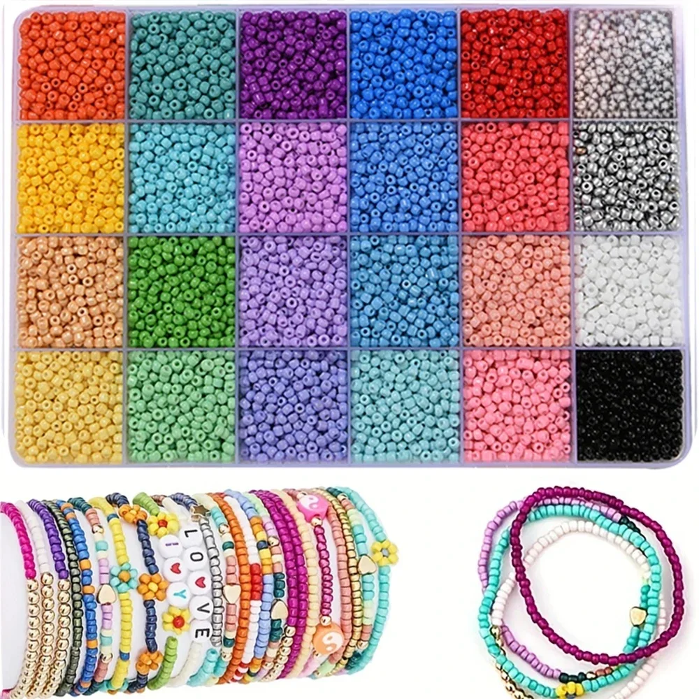 2400 szt. mieszanych kolorów, 3mm, szklane koraliki typu seed beads, zestaw koralików szklanych luzem do wyrobu biżuterii, rękodzieła DIY, mieszane 24 kolory — zdjęcie 2
